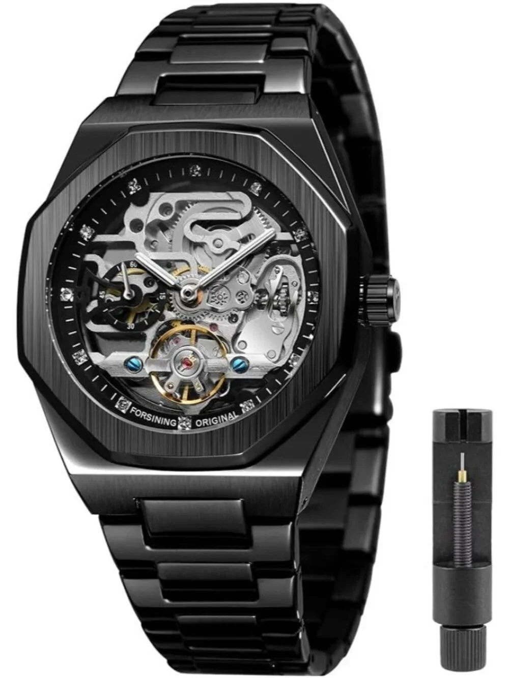 Men's Black Mechanical Automatic Male Clock Stainless Steel Skeleton Wrist Watch